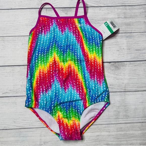 Speedo‎ Girls One Piece Swimsuit Size 12 Multicolor Tie Dye Rainbow NWT - Picture 1 of 5